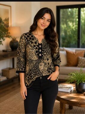 Abstract Print V-Neck Blouse in Black and Tan